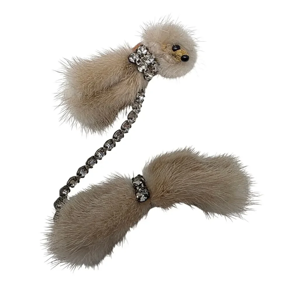 Vintage Mink Fur Mouse Sweater Guard Rhinestone Chain Double Brooch